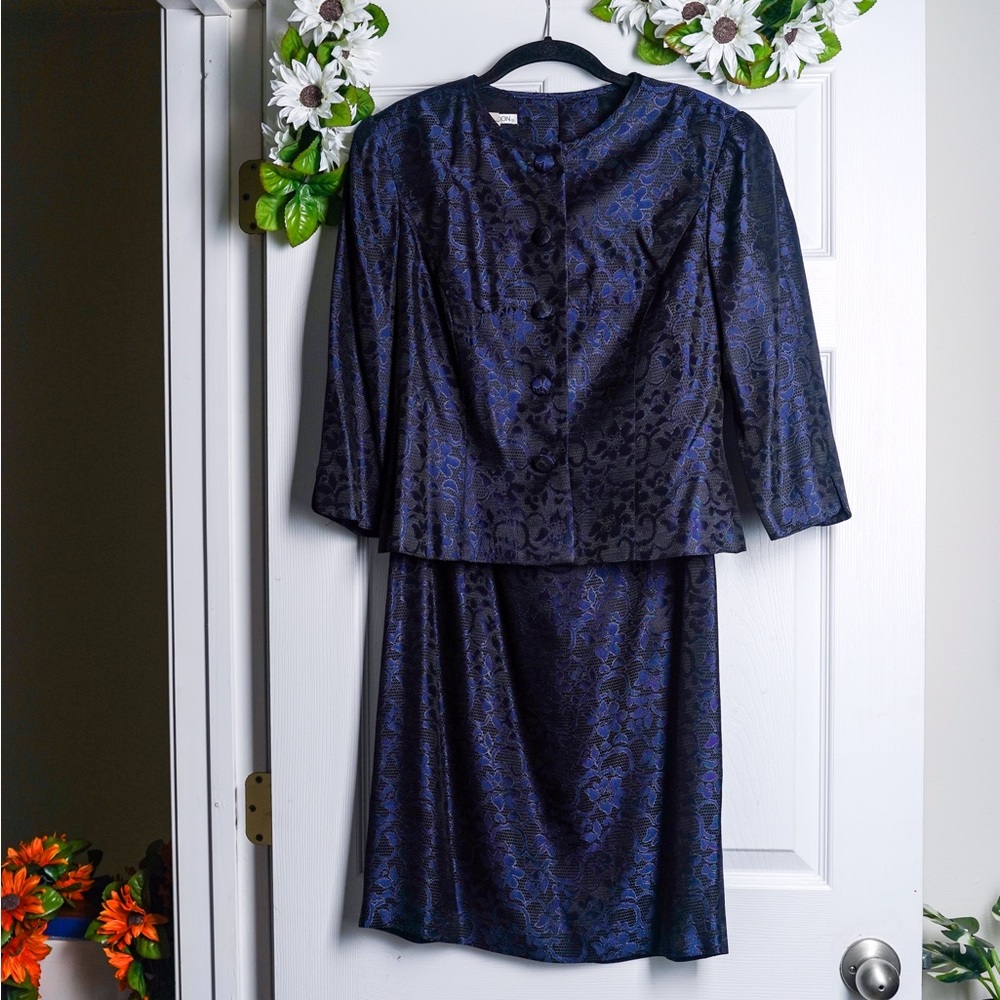 Vintage Floral Dress Suit Lace Embroidered with Jacket Navy Blue Maggy London